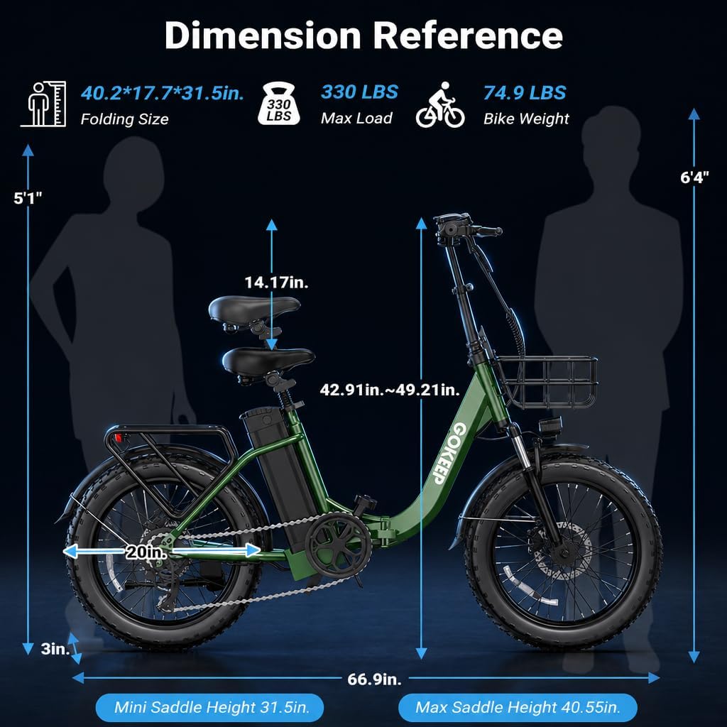Folding 20" Electric Commuter Bike – 1800W Peak Motor, 20MPH Max Speed, 52V 18.2Ah Removable Battery, 330lbs Capacity (UL2849 Certified)