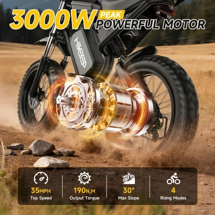 Electric Dirt Bike for Adults - Peak 3000W Electric Bikes, 52V/40Ah, 70-120 Mile(PAS Mode) Ebike, 20 Inch All-Terrain Fat Tire