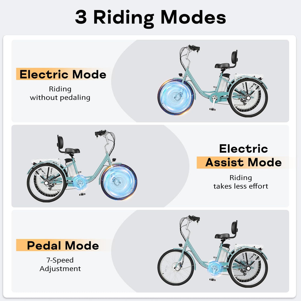 500W Peak Adult Electric Trike | 24" 3-Wheel E-Bike with 55-Mile Range
