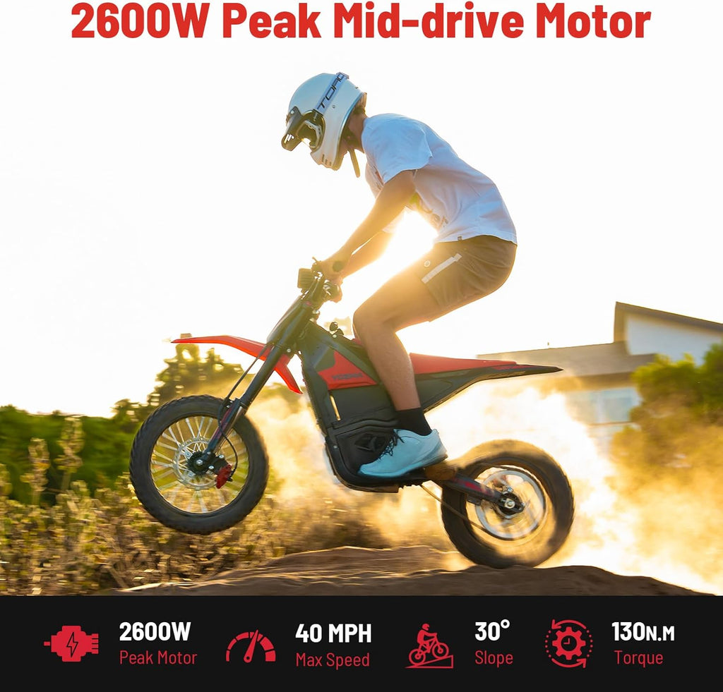 Off-Road Electric Mini Dirt Bike for Teens & Adults – 2600W Peak High-Torque Motor, 1123.2Wh Removable Battery, Dual Hydraulic Brakes, Full Suspension E-Motorcycle
