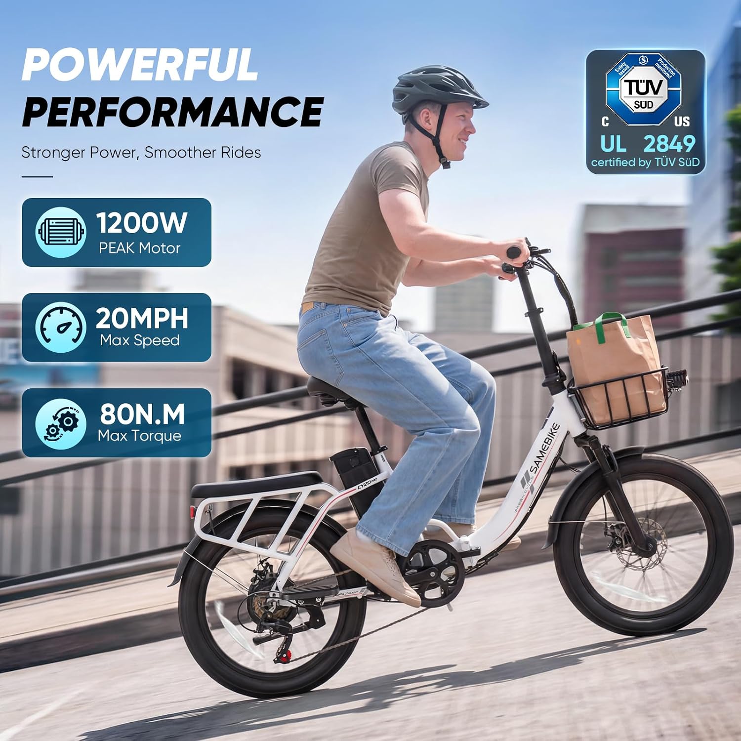 20" Folding Utility Electric Bike | 1200W Peak, 48V 13Ah Removable Battery, 20 MPH Commuter E-Bike with Cargo Basket & Rear Cushion Seat