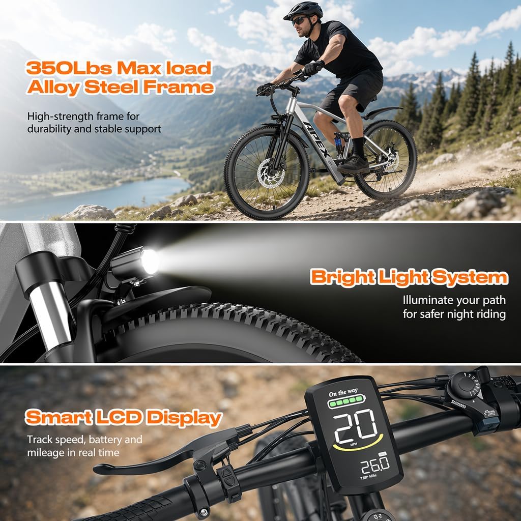 Silver All-Terrain Multi-Surface Electric Bike – 1200W Peak Power Commuter E-Bike for Adults (28MPH, Removable 13Ah Lithium Battery, 50-Mile Range, UL 2849 Certified, Trail & Snow Mountain Bicycle)