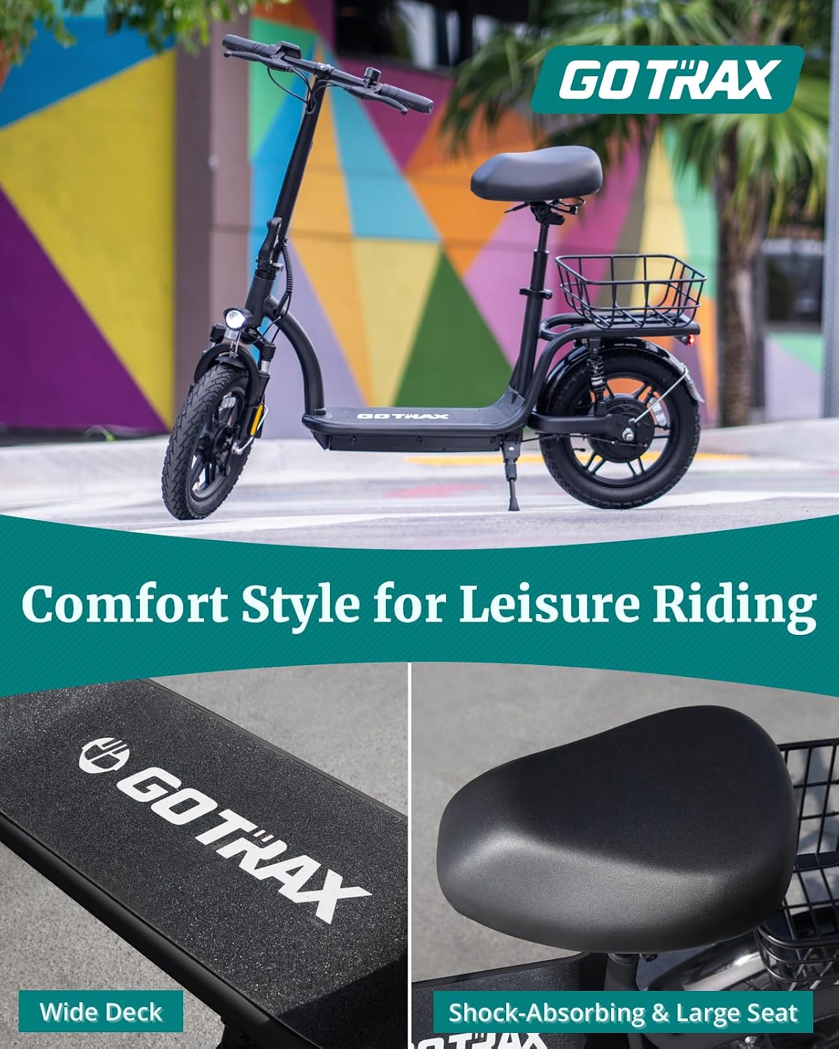 Commuter Adult Electric Scooter with Seat – All-Terrain Tires, Wider Deck & Cargo Basket