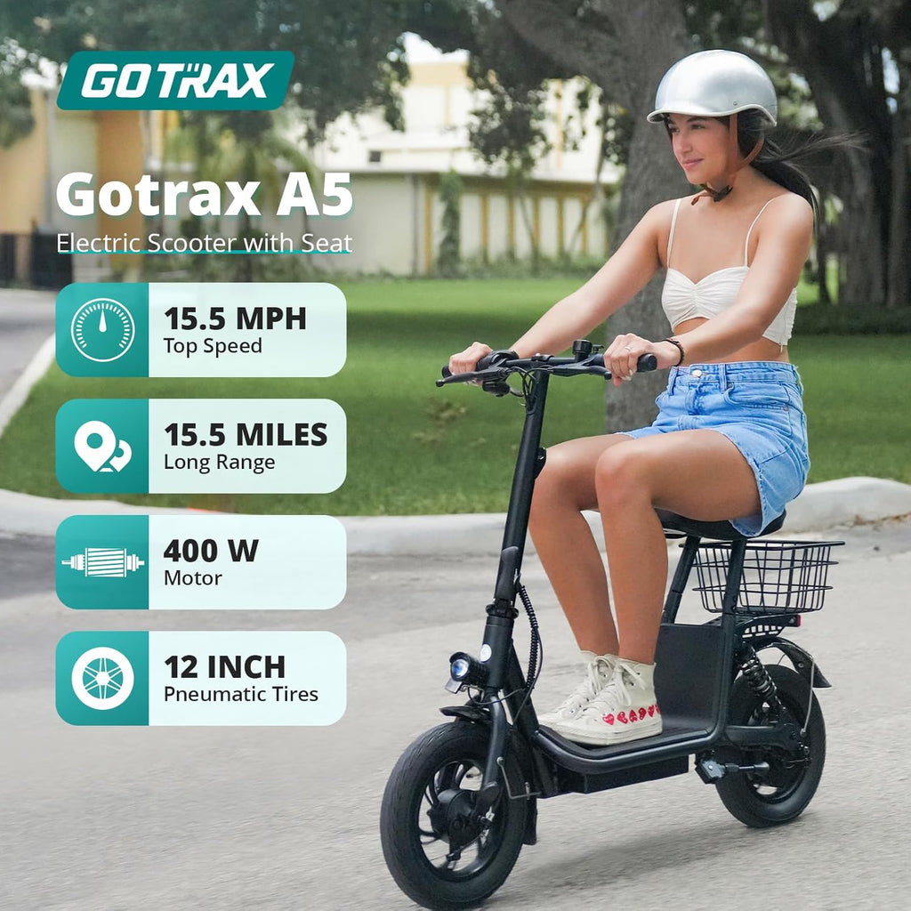 Electric Scooter w/Seat for Adults, 12" Pneumatic Tire, Max 15.5 Miles&15.5 Mph Power by 400W Motor