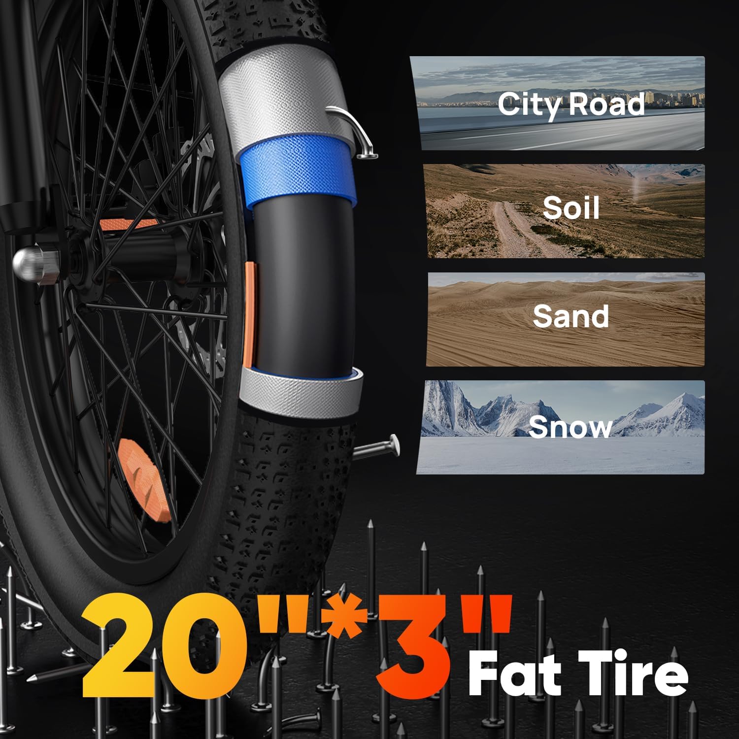 20"*3.0 Fat Tire Electric Bike for Adults, 48V, 80-Mile, 7-Speed & Suspension, Adjustable Seat for Adults and Teens