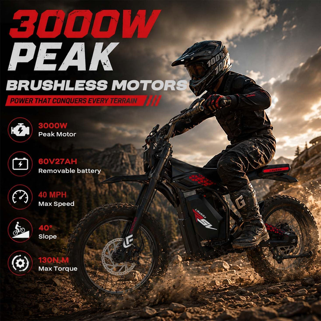 20" Fat Tire Electric Dirt Bike | 2000W-3000W Peak, Full Suspension, Removable 48V/60V Battery & NFC Smart Unlock