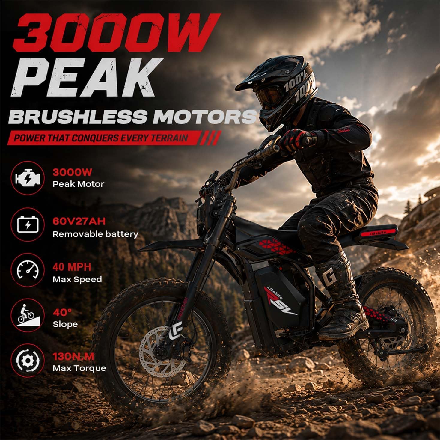 20" Fat Tire Electric Dirt Bike | 2000W-3000W Peak, Full Suspension, Removable 48V/60V Battery & NFC Smart Unlock