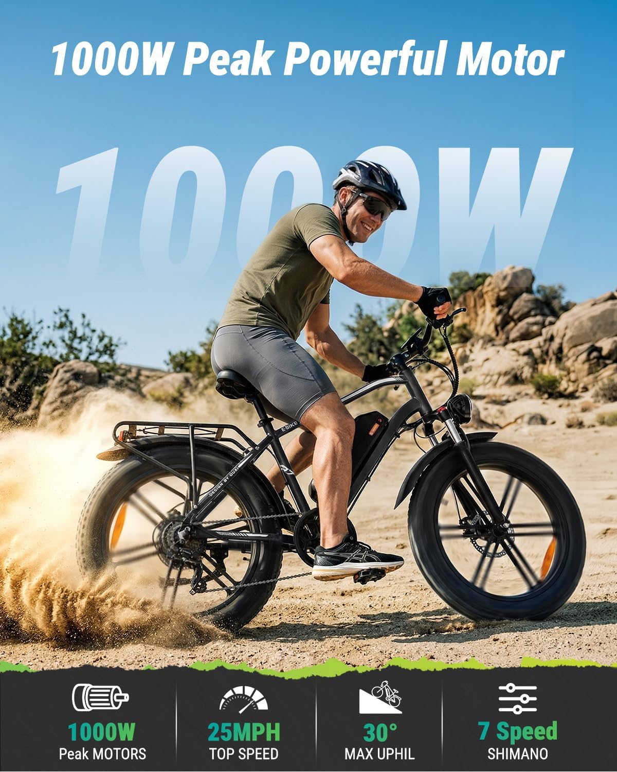 20" Fat Tire Electric Mountain Bike – 1000W Peak Motor, Removable 48V System & Integrated Rear Rack