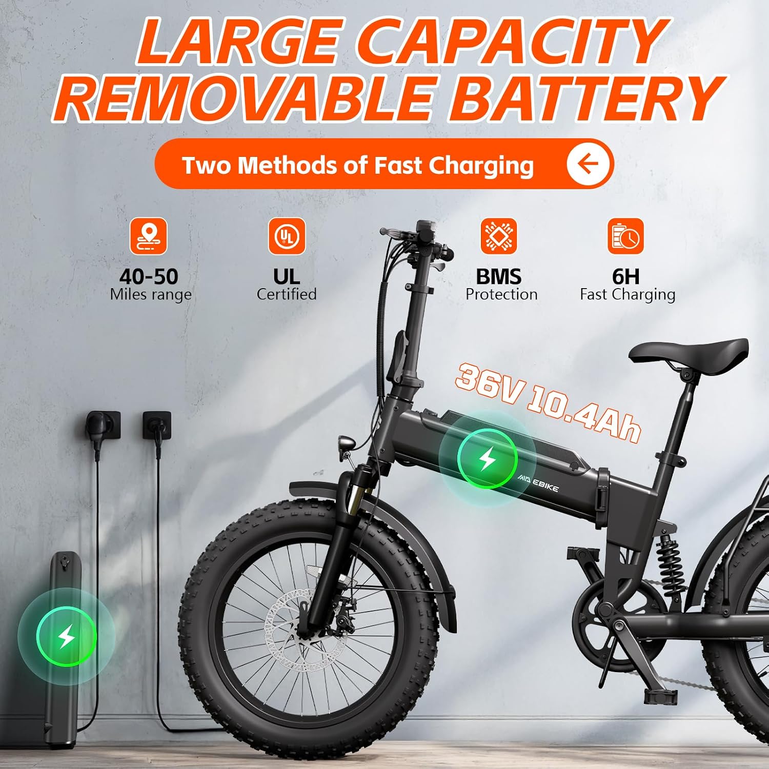 20" Folding Fat Tire Electric Bike for Adults – 1500W Peak Motor, 36V 10.4Ah Removable Battery All-Terrain E-Bike