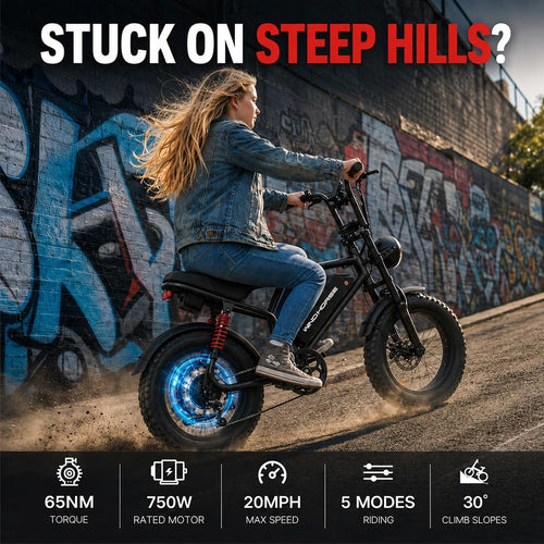 16" Moped-Style Fat Tire Electric Bike for Teens – 1255W Peak Full Suspension Mountain E-Bike with Smart Speaker