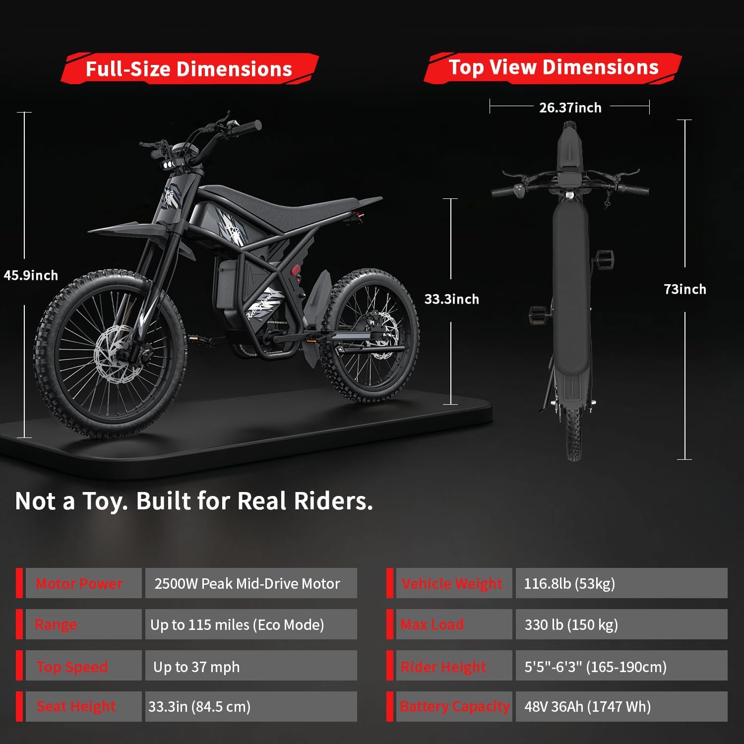 Electric Dirt Bike for Adults Teens 3500W Variable Speed Motor - 50/37 MPH High-Speed, 25" Fat Tires & Dual