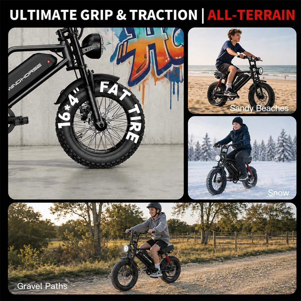 16" Moped-Style Fat Tire Electric Bike for Teens – 1255W Peak Full Suspension Mountain E-Bike with Smart Speaker