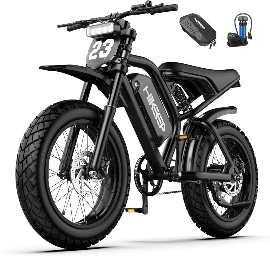 Motorcycle-Style Adult Fat Tire Electric Bike – 1500W Peak, Full Suspension, 20" x 4.0" All-Terrain Tires, Pre-Assembled Heavy Duty E-Bike