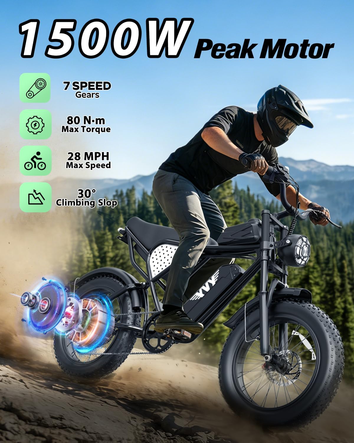 Electric Bike 1500W-3000W Peak Motor, 48V 15.6-40AH