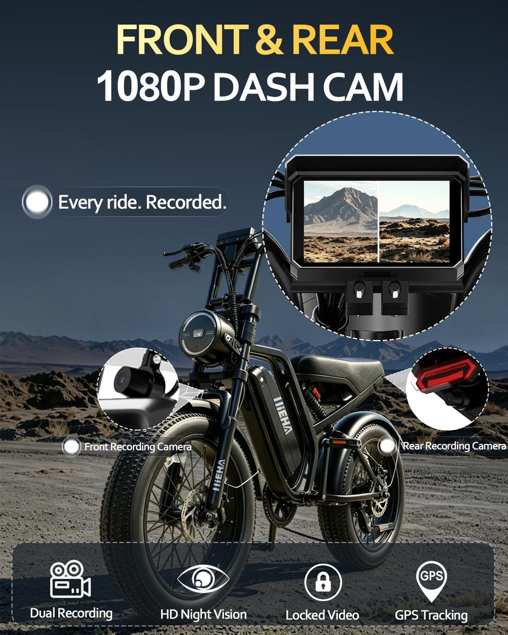 20" All-Terrain Fat Tire Electric Dirt Bike for Adults – 1500W Peak Motor, Smart Dash Cam & Smart Display Navigation E-Bike