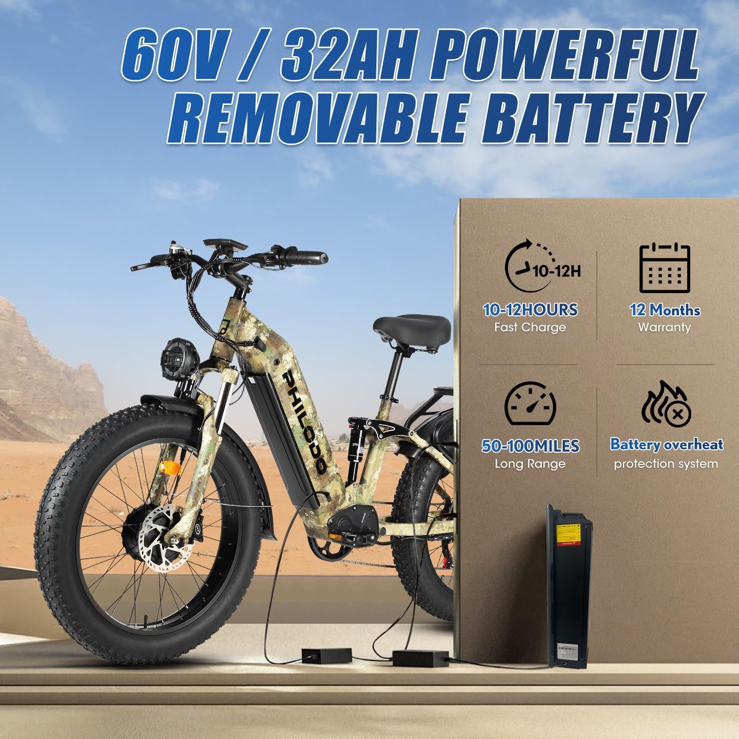 Electric Bike - Dual Motor Hunting Ebike, Fat Tire Full Suspension Dirt Bike for Adults, Long Range Snow/Sand Electric Bicycle