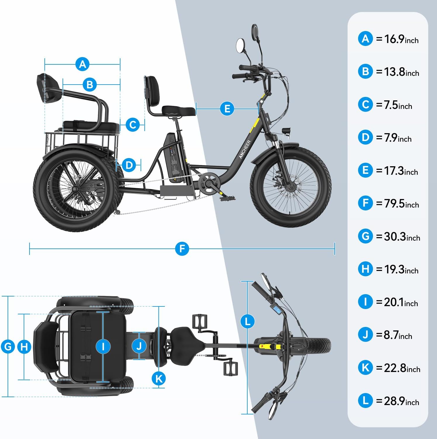 20" Fat Tire Adult Electric Tricycle – 3-Wheel E-Trike with Rear Differential & Cargo Basket