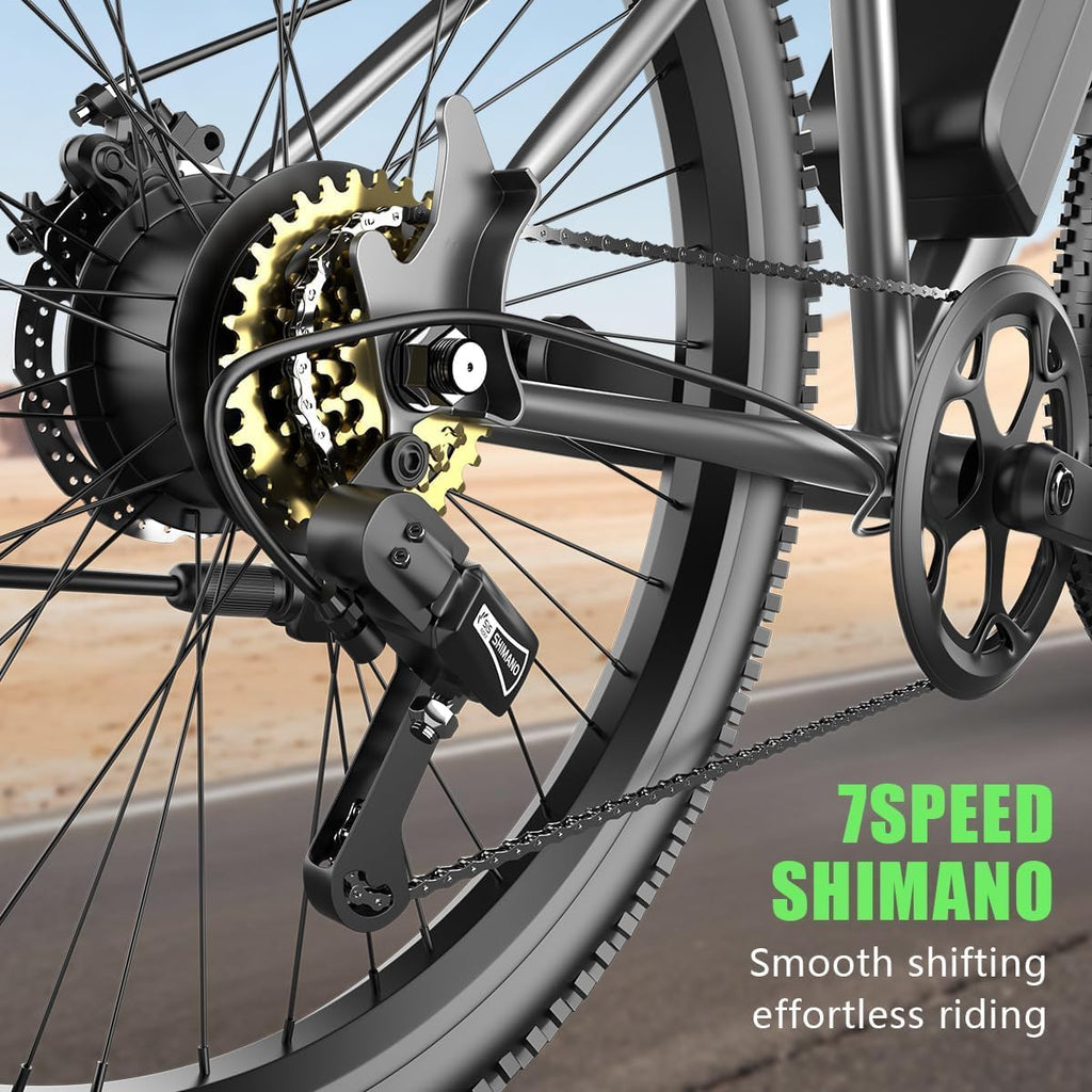26" Electric Mountain Bike – 1200W Peak Motor Commuter E-Bike with 7-Speed Gears and IPX7 Waterproofing