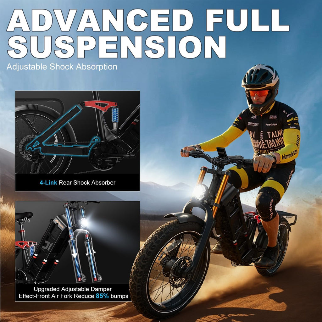 Dual-Motor All-Terrain Electric Mountain Bike for Adults – 5400W Peak Dual Hub Motors, 60V 70Ah Ultra-Long Range Battery, 43 MPH, Full Suspension, 4-Piston Hydraulic Disc Brakes