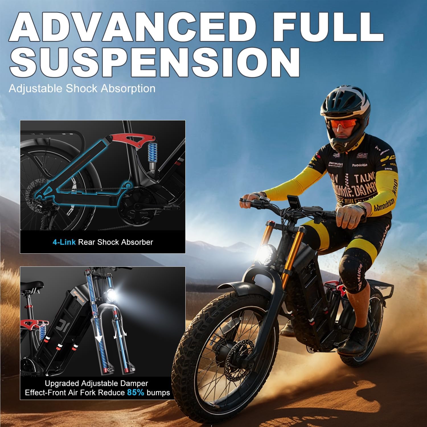 Dual-Motor All-Terrain Electric Mountain Bike for Adults – 5400W Peak Dual Hub Motors, 60V 70Ah Ultra-Long Range Battery, 43 MPH, Full Suspension, 4-Piston Hydraulic Disc Brakes