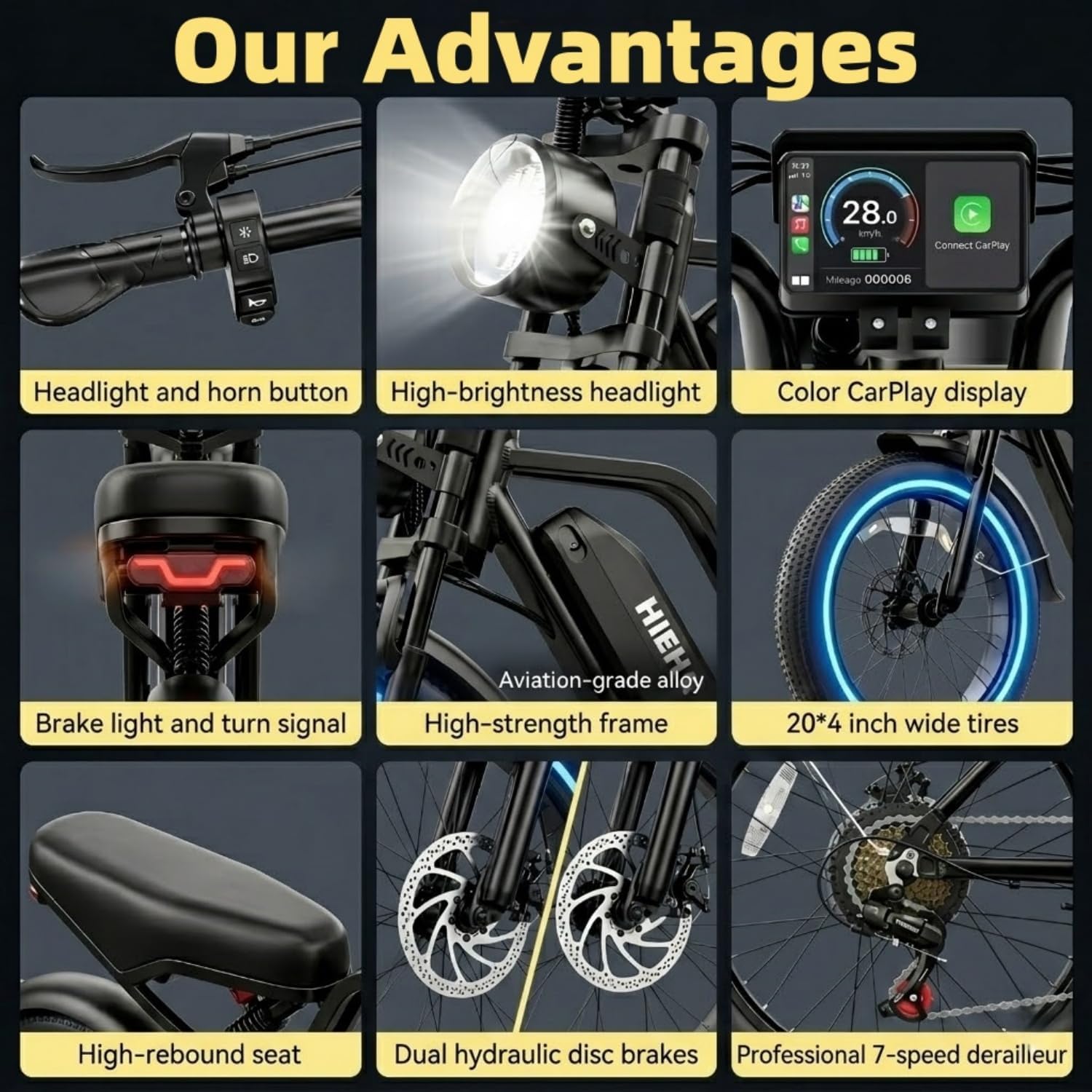 1500W Peak Smart Electric Bike with CarPlay & Android Auto | 20" Fat Tire 48V 15Ah Dual Suspension E-Bike (UL 2849 Certified)