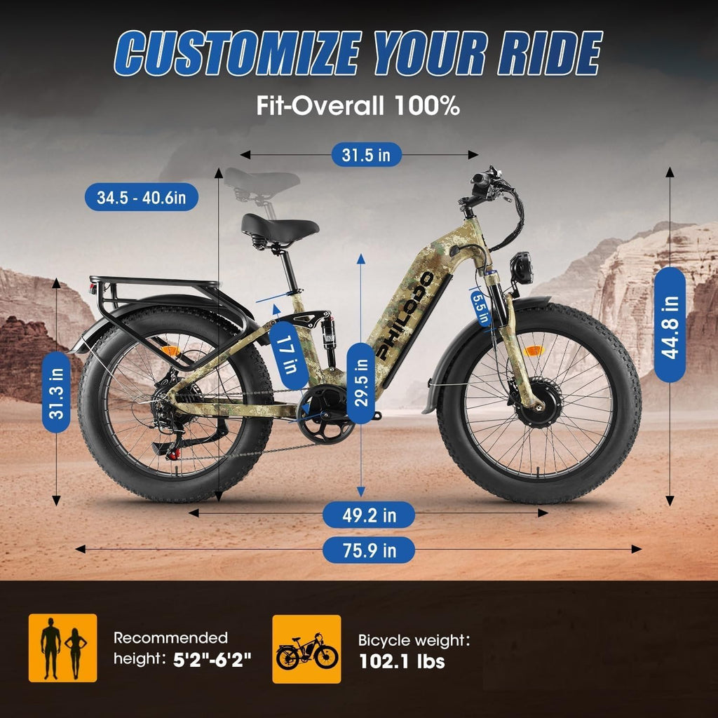 Electric Bike - Dual Motor Hunting Ebike, Fat Tire Full Suspension Dirt Bike for Adults, Long Range Snow/Sand Electric Bicycle