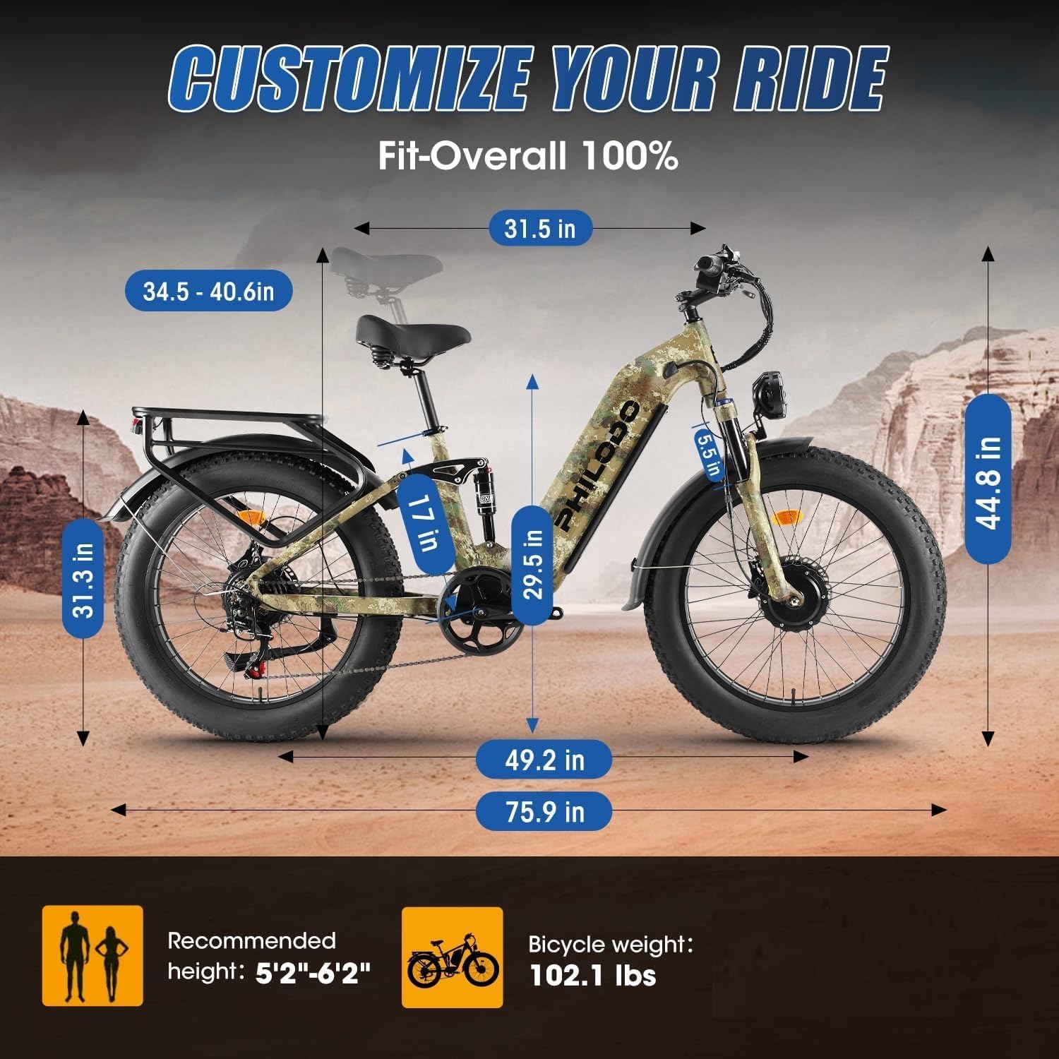 Electric Bike - Dual Motor Hunting Ebike, Fat Tire Full Suspension Dirt Bike for Adults, Long Range Snow/Sand Electric Bicycle
