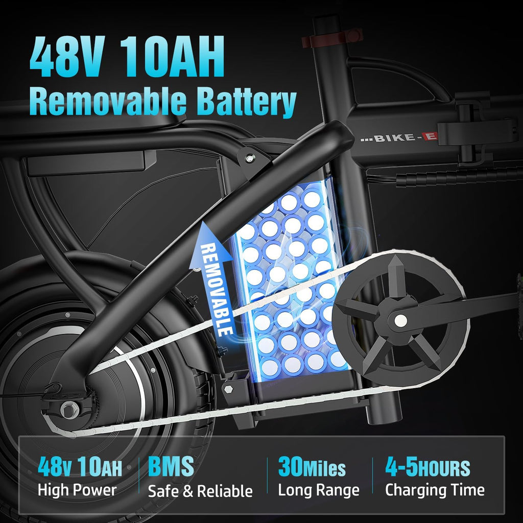 Compact 14" Folding Electric Commuter Bike – 800W Peak Motor, 22MPH Max Speed, 48V Removable Battery