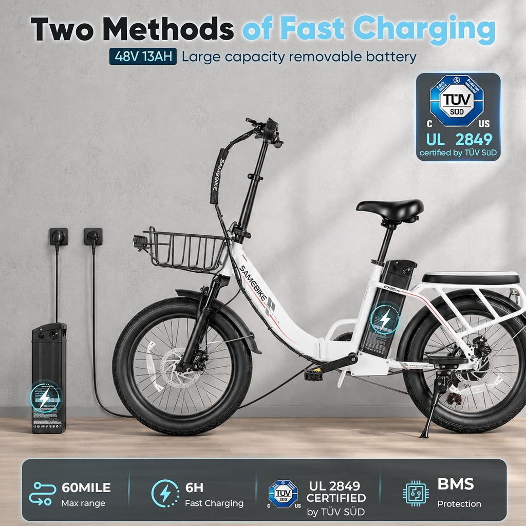 20" Folding Utility Electric Bike | 1200W Peak, 48V 13Ah Removable Battery, 20 MPH Commuter E-Bike with Cargo Basket & Rear Cushion Seat