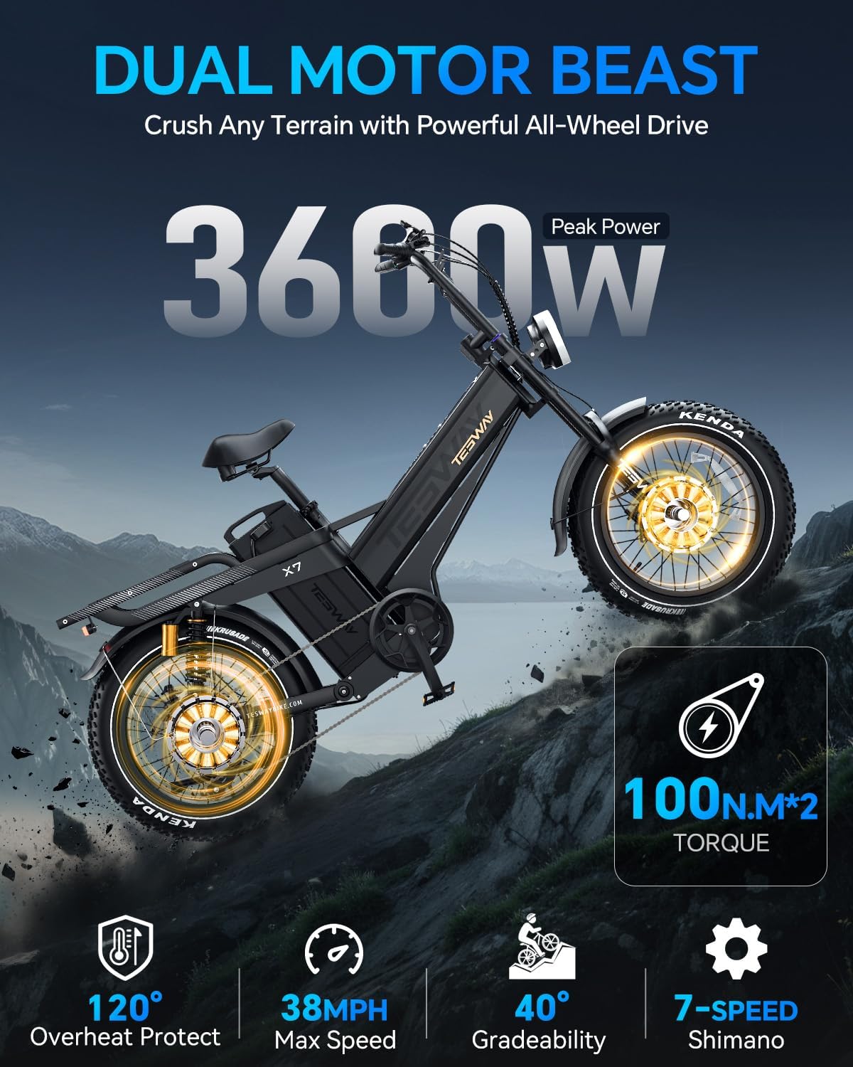 3600W Dual-Motor Full-Suspension 20" Fat Tire Electric Bike for Adults – 52V 60Ah Ultra Long-Range Commuter & Off-Road E-Bike