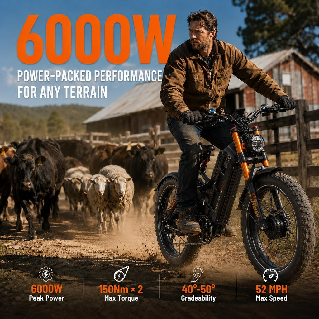 6000W Dual Motor Off-Road Electric Bike – 26" All-Terrain Fat Tire E-Bike with Full Suspension