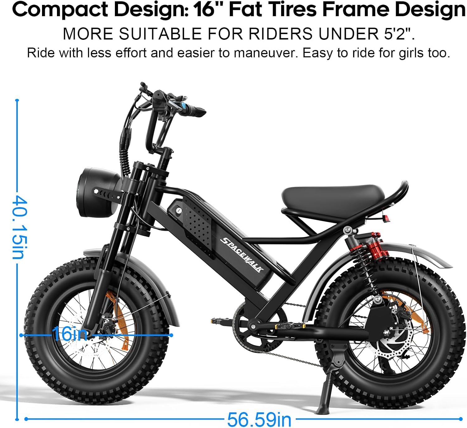 Compact All-Terrain Electric Bike for Teens & Adults – 16"x4" Fat Tires, Peak 1800W High-Torque Motor, 7-Speed, Full Suspension, UL 2849 Safety Certified (Ideal for Riders Under 5'2")