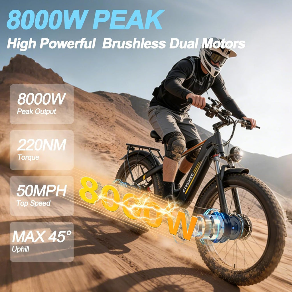 Peak 8000W Dual Motor Fat Tire Electric Bike | 50 MPH High-Speed Adult E-Bike (52V, 26" Off-Road)