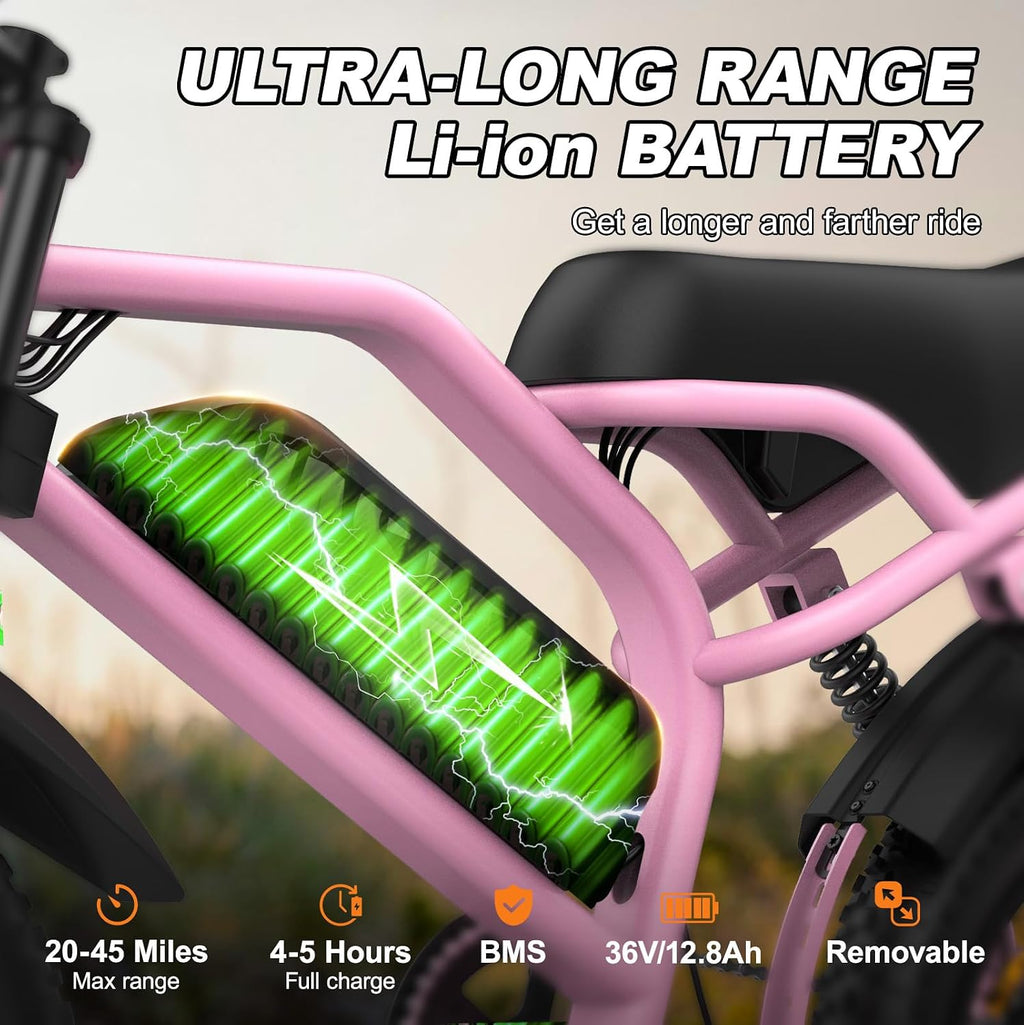 Compact 16" Fat Tire Electric Bike | 500W Youth & Adult Utility E-Bike (Pink)