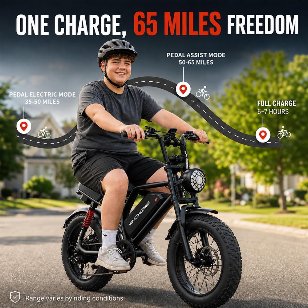 16" Moped-Style Fat Tire Electric Bike for Teens – 1255W Peak Full Suspension Mountain E-Bike with Smart Speaker