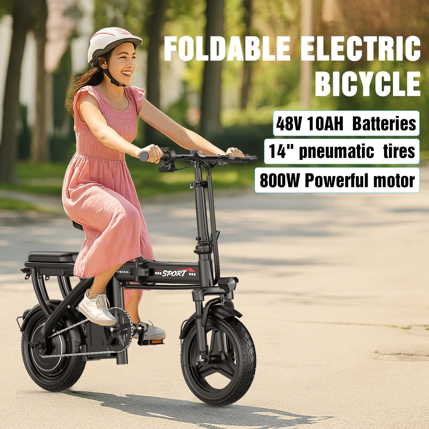 Compact 14" Folding Electric Commuter Bike – 800W Peak Motor, 22MPH Max Speed, 48V Removable Battery