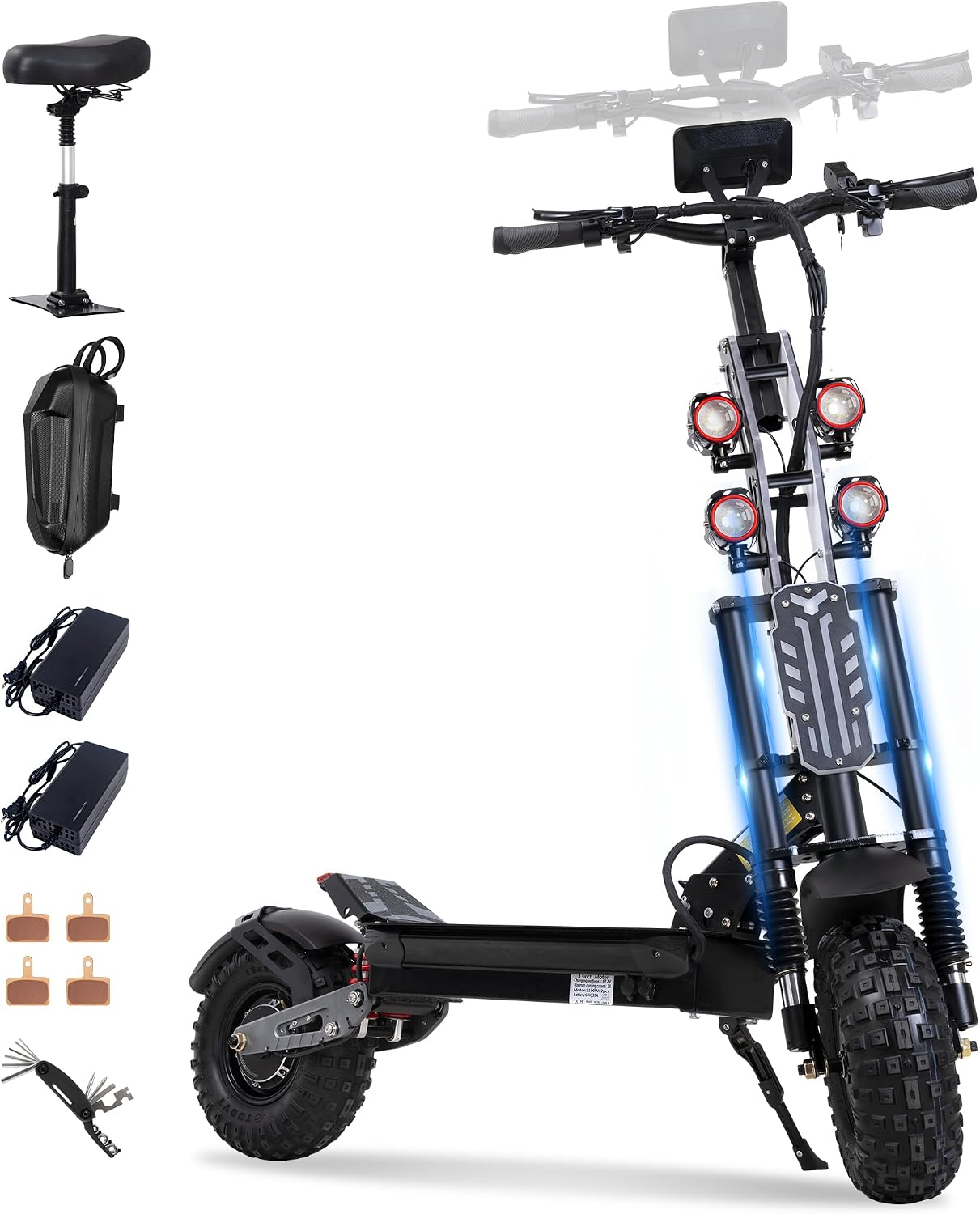 Electric Scooter Adult, 7000W Motor, 60V 33Ah Battery, 55 mph, Max 65 Miles Range, Hydraulic Suspension, Hydraulic Brakes, 13"All Terrain Tires, Adjustable Handlebar Height, Folding EScooter with Seat