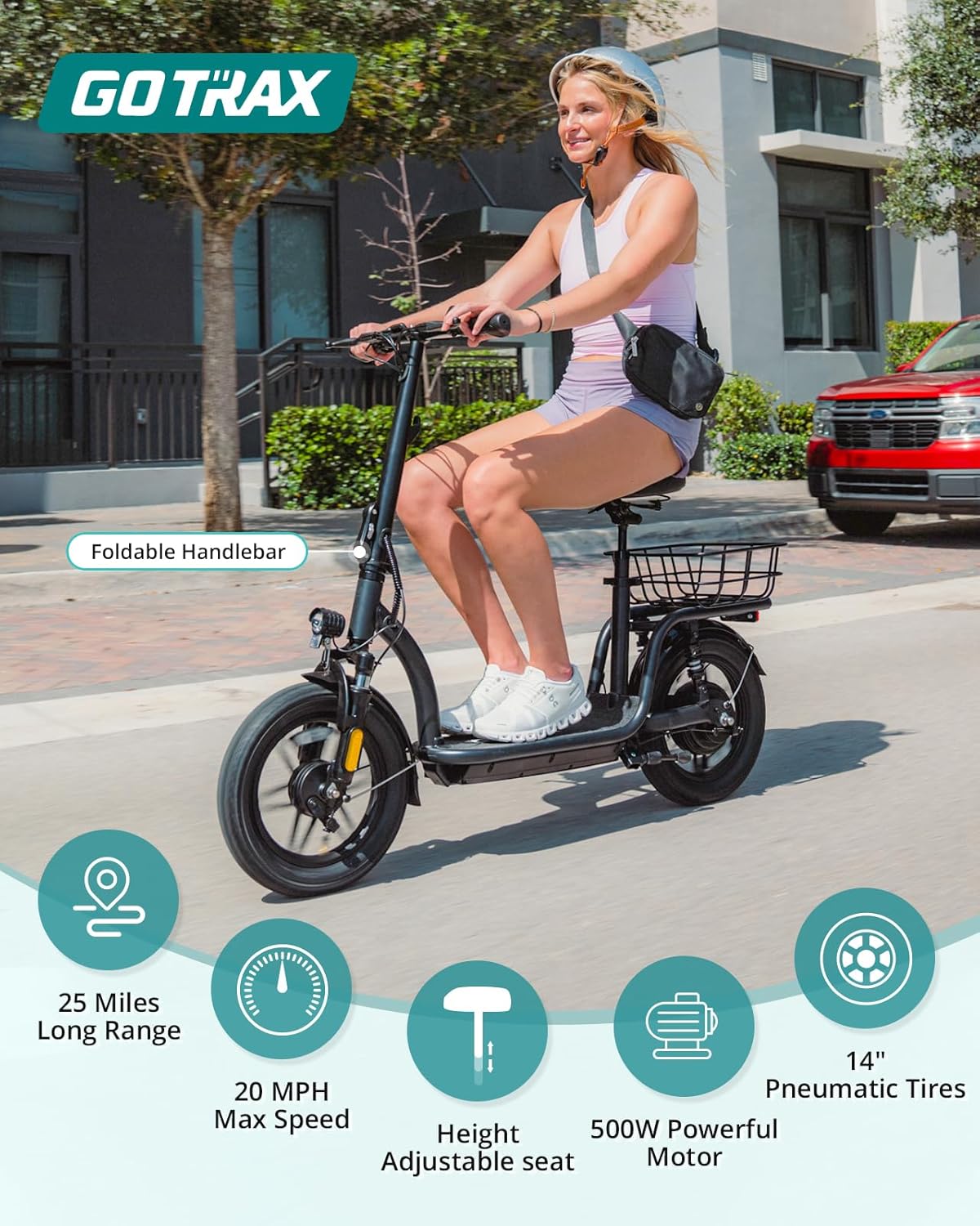 Commuter Adult Electric Scooter with Seat – All-Terrain Tires, Wider Deck & Cargo Basket