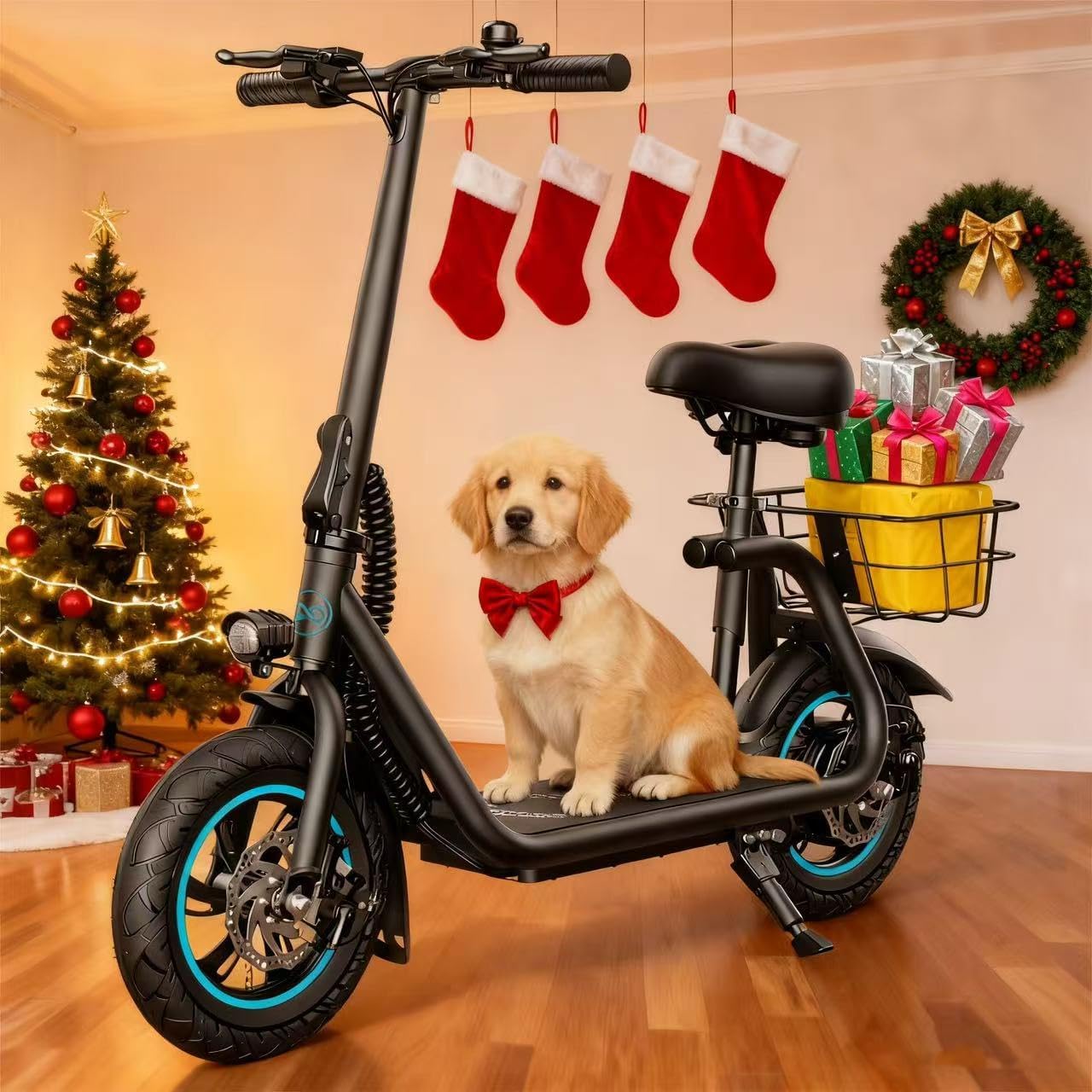 Electric Scooter with Seat for Adults, Foldable Commuter E-Scooter with Basket for Grocery, Pets, and Daily Commute– Classic Black