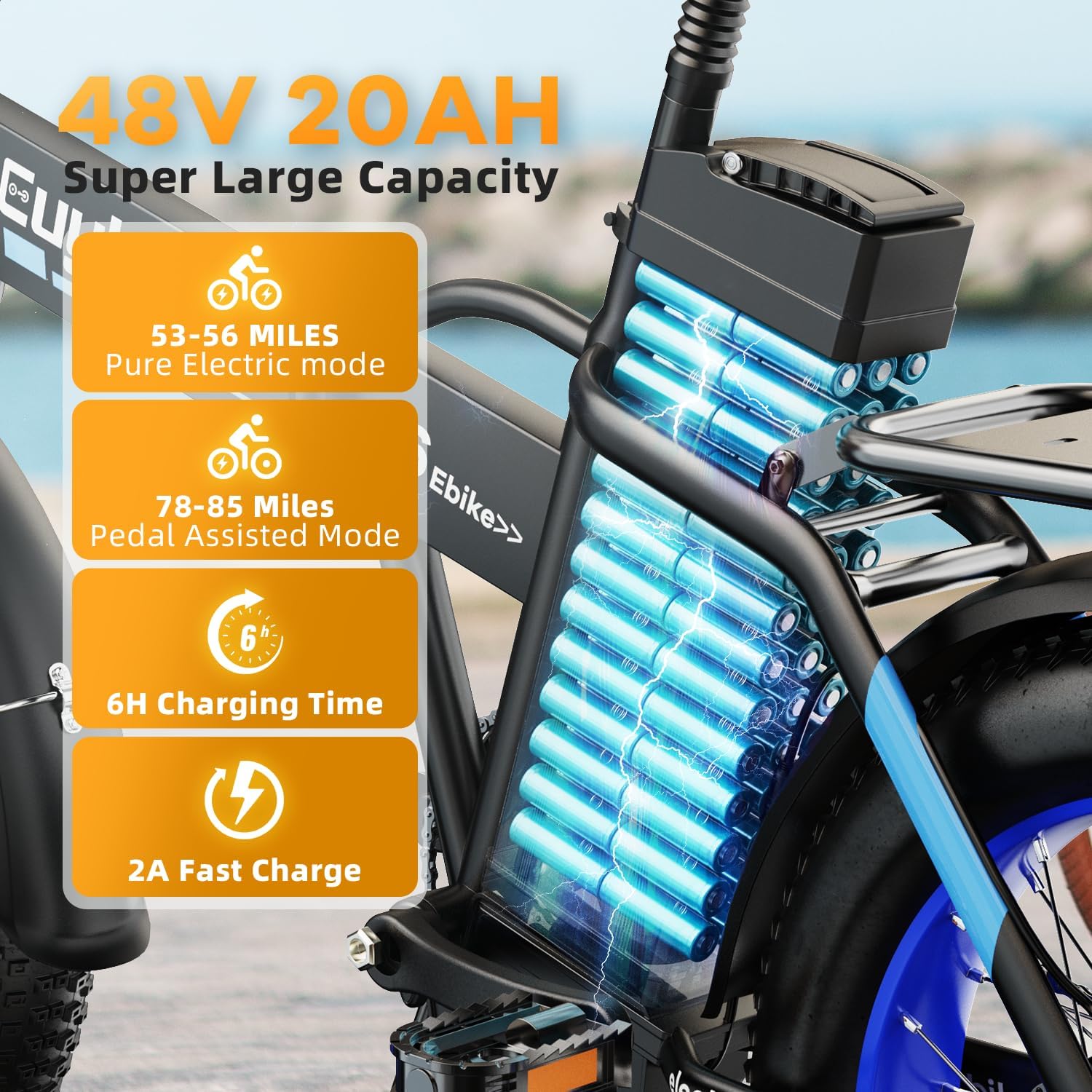 1000W Folding Electric Bike – 20" All-Terrain Fat Tire E-Bike with 80-Mile Max Range & Removable Battery