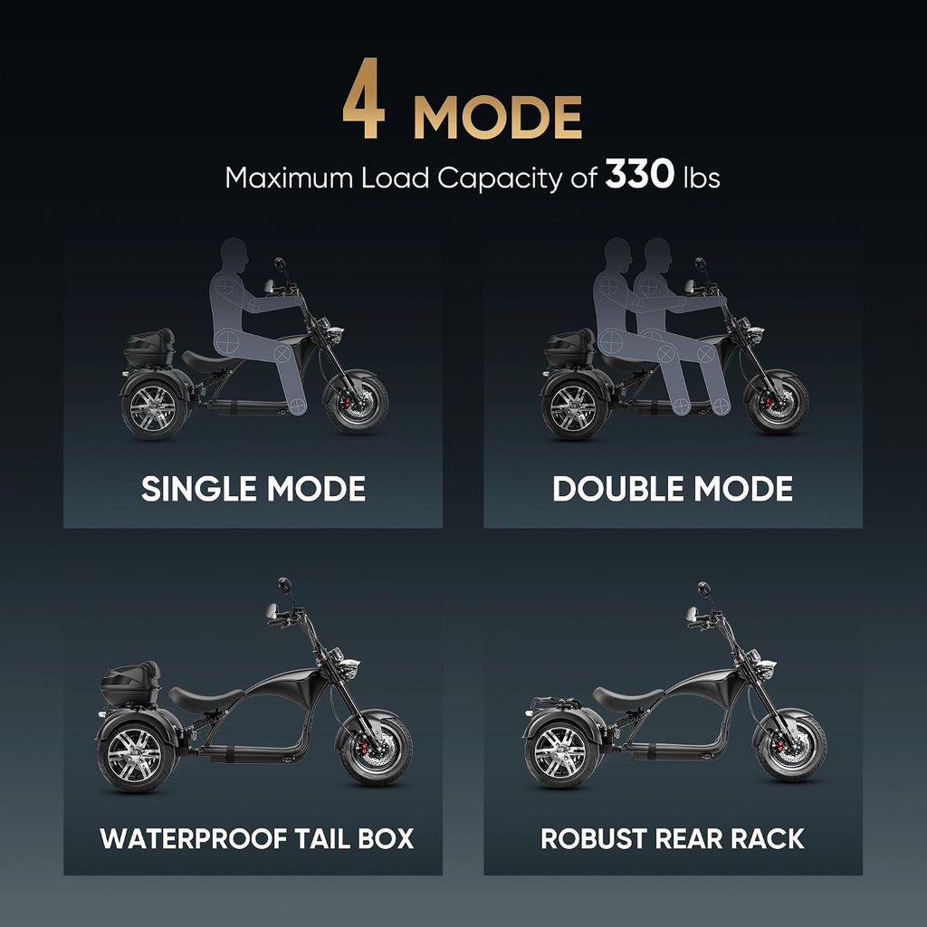 Heavy-Duty 3-Wheel Electric Chopper Trike - 2000W, 26 MPH, 60V 30Ah, Full Hydraulic Suspension Off-Road Electric Tricycle for Adults
