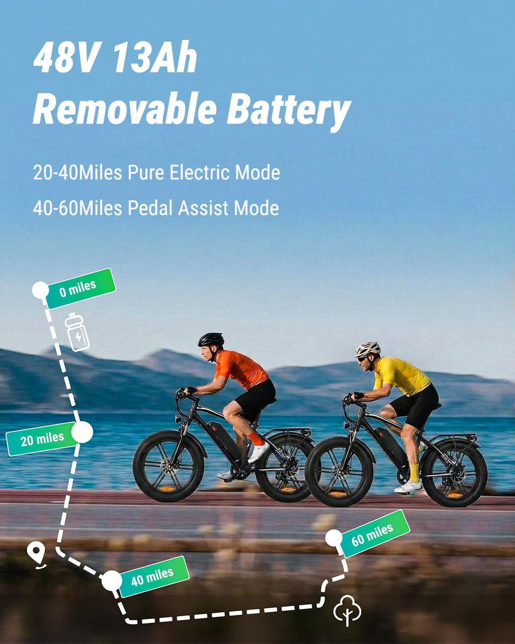 20" Fat Tire Electric Mountain Bike – 1000W Peak Motor, Removable 48V System & Integrated Rear Rack