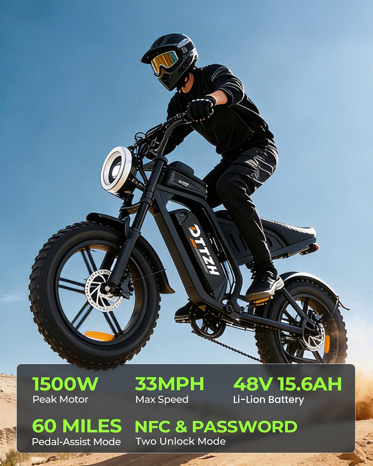 20" Fat Tire Electric Dirt Bike for Adults – 1500W (2000W Peak) Motor, Dual Locking System All-Terrain E-Bike