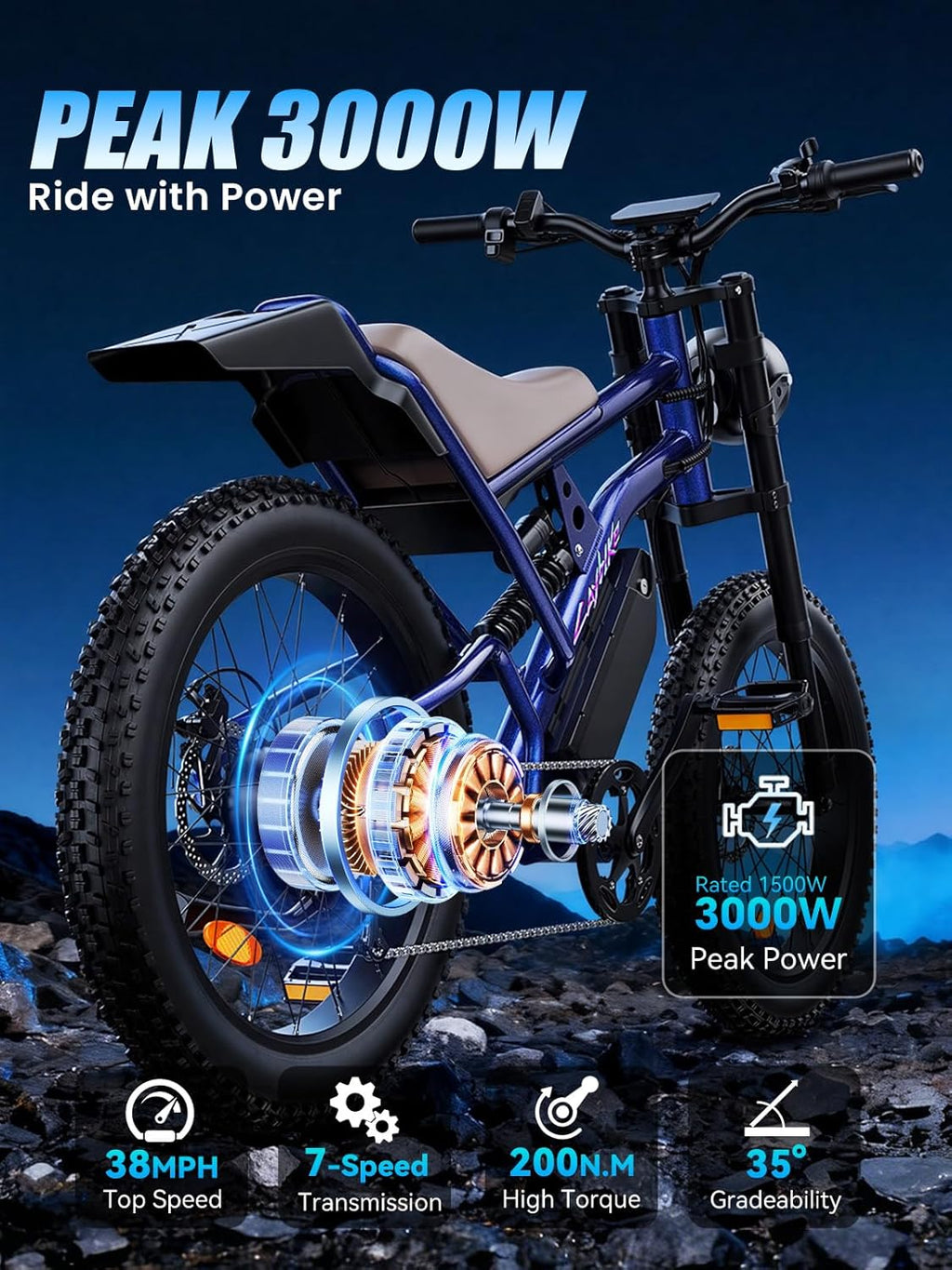 24" All-Terrain Fat Tire Electric Bike – 3000W Peak High-Performance Off-Road E-Bike