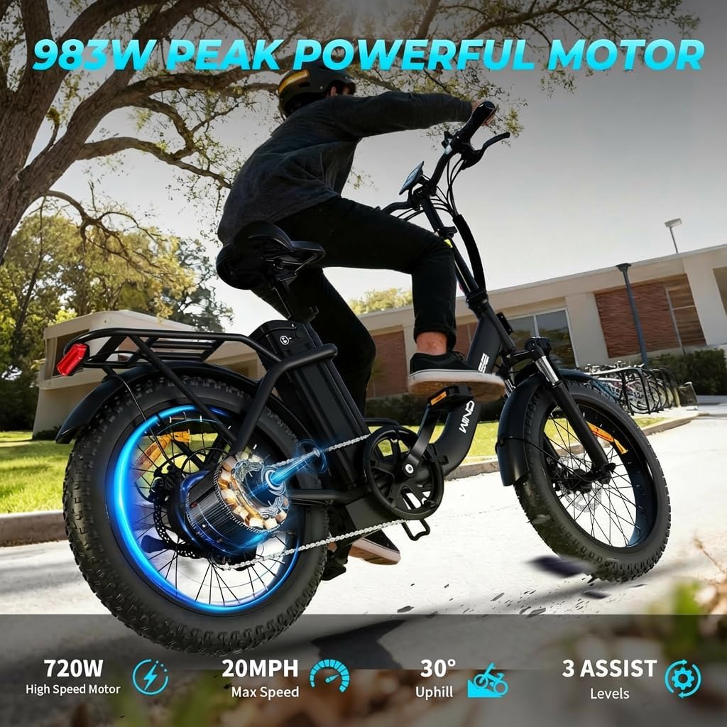 20" Foldable All-Terrain Fat Tire Electric Bike – 983W Peak Power E-Bike for Adults & Teens (20MPH, 48V 748.8Wh Removable Lithium Battery, 40–70 Mile Range, Front Suspension, UL Certified)