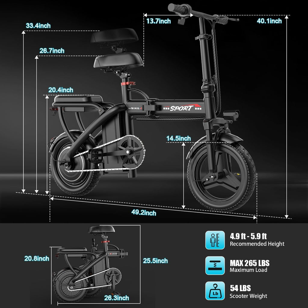 Compact 14" Folding Electric Commuter Bike – 800W Peak Motor, 22MPH Max Speed, 48V Removable Battery