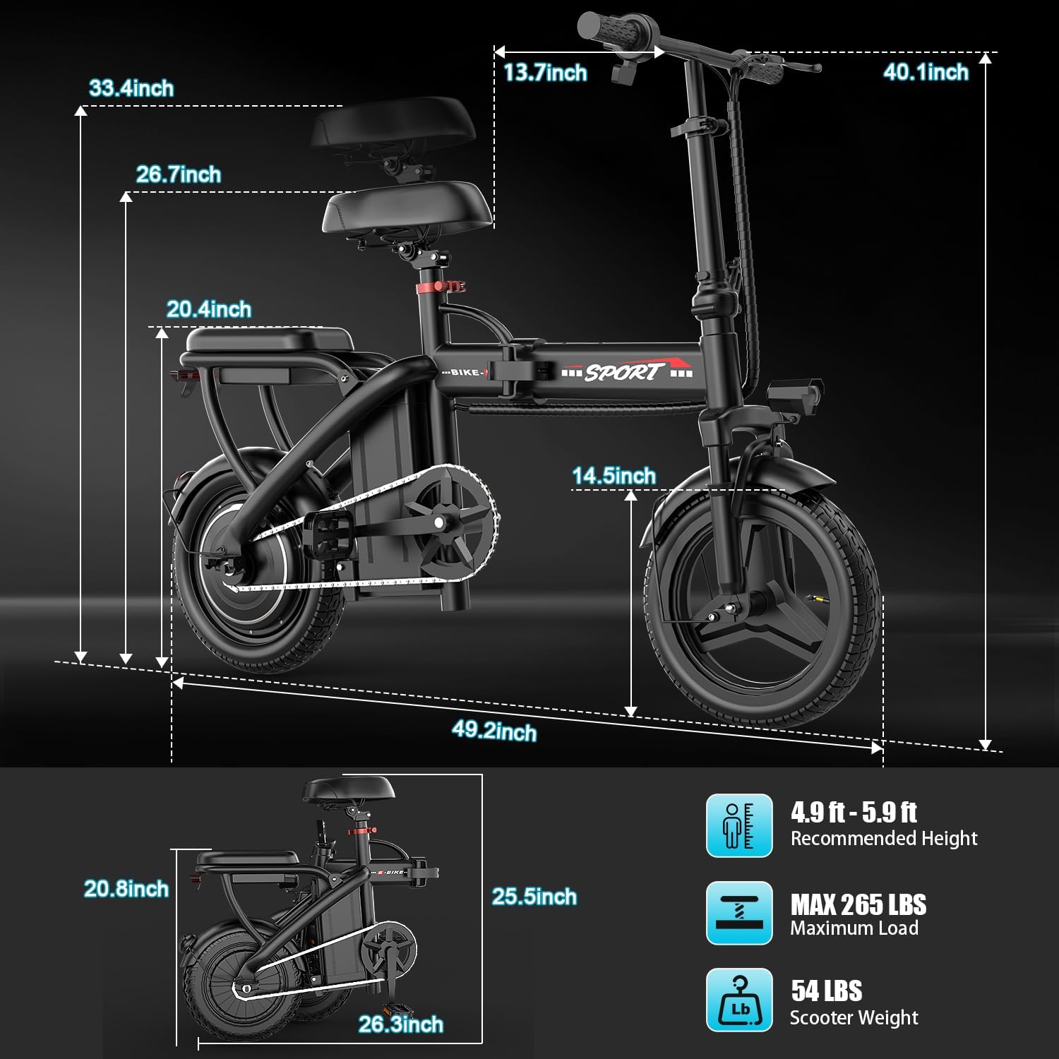 Compact 14" Folding Electric Commuter Bike – 800W Peak Motor, 22MPH Max Speed, 48V Removable Battery