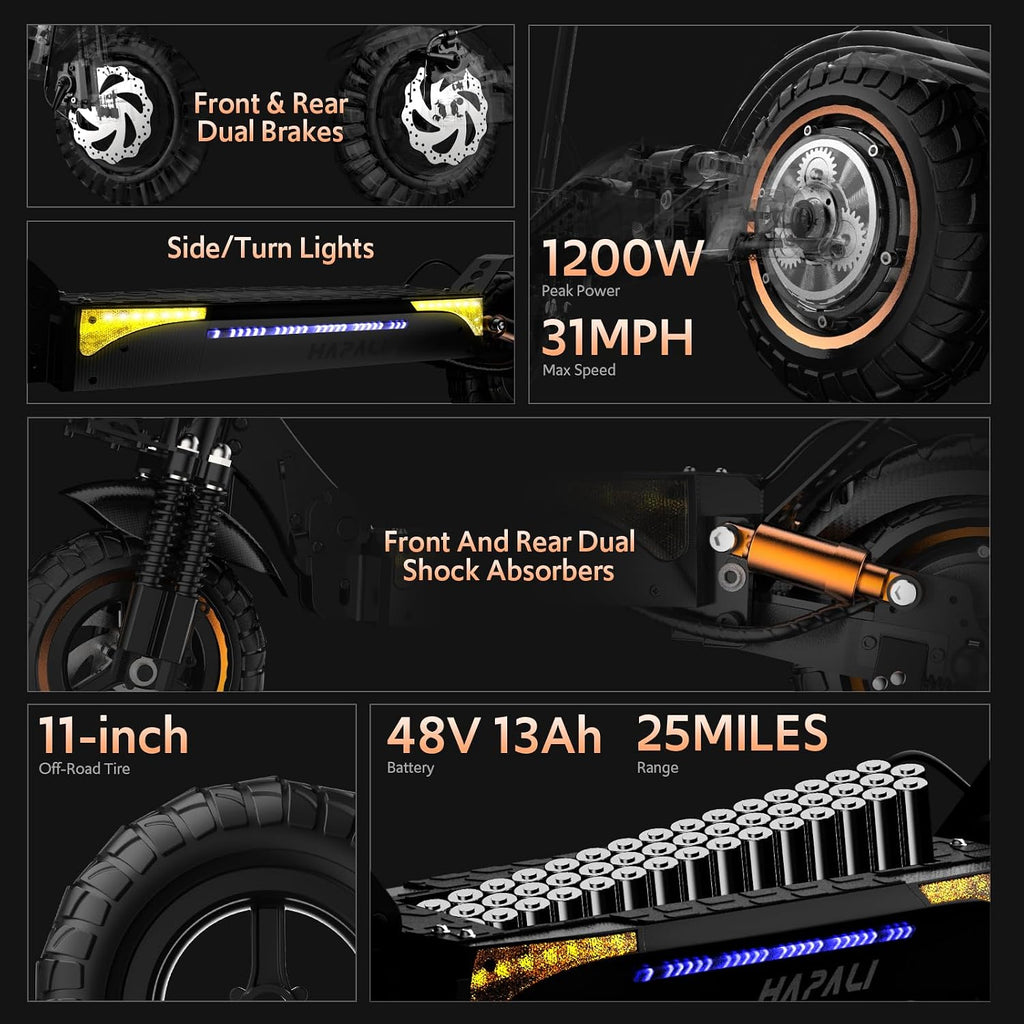 Electric Scooter, 1200W 25Miles Range 31 MPH,11" All Terrain Tire, Double