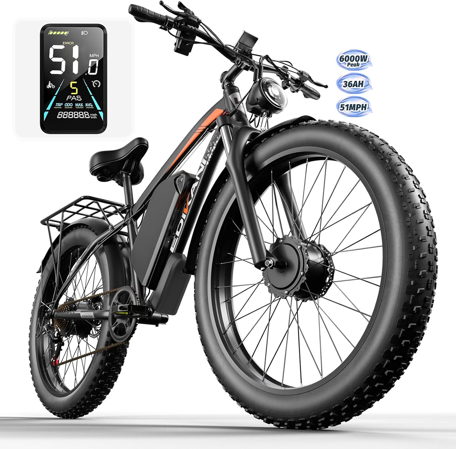 All-Terrain 26" Fat Tire Electric Bike – 6000W Peak Dual Motor, 51MPH Max Speed, 52V 36Ah Removable Battery, 130 Miles Max Range Hyper E-Bike