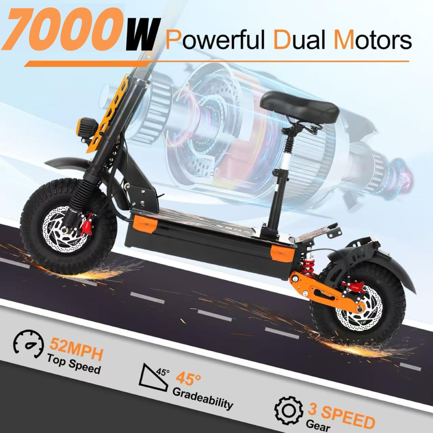 7000W Dual Motor All-Terrain High-Performance Electric Scooter with Seat – 55 MPH & 65+ Mile Range